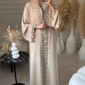 Champagne Satin Abaya with Pearl Accents