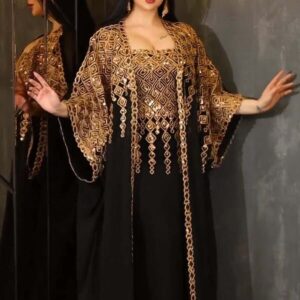 Black Gold Heavy Sequined Butterfly Kaftan Gown