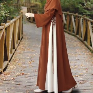 Brown White Two-Tone Open Abaya with Balloon Sleeves
